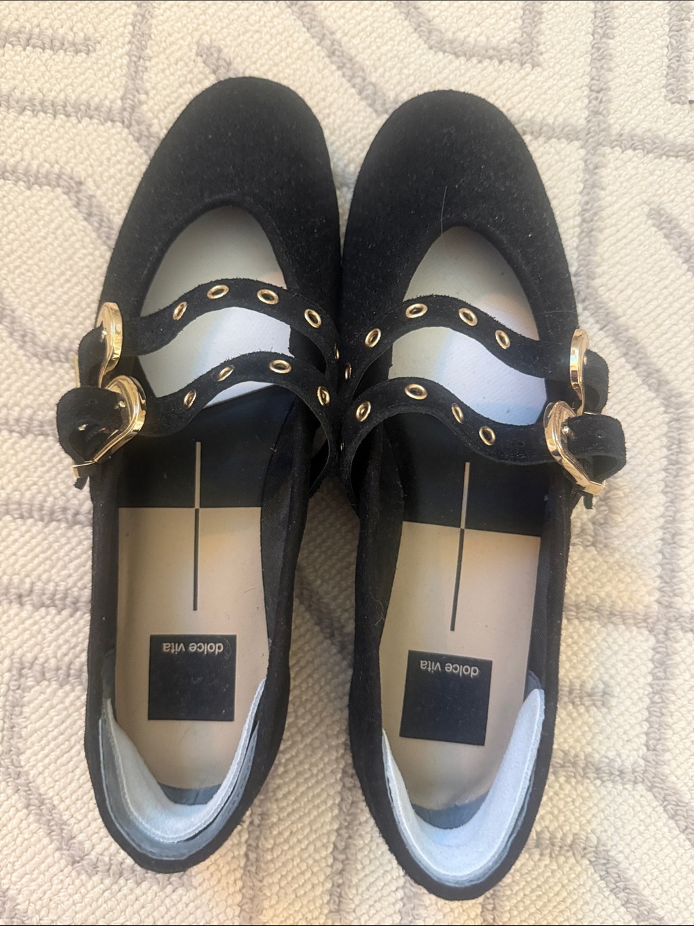 Dolce Vita Black suede Flats w/ Gold Straps- never worn. Removable pads in heels